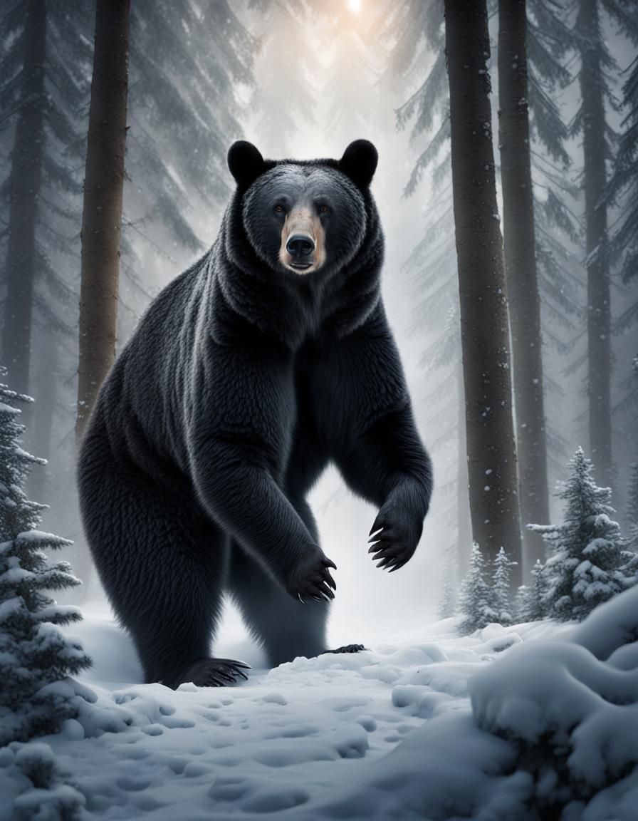 A large black bear standing on back legs in a snow covered f...