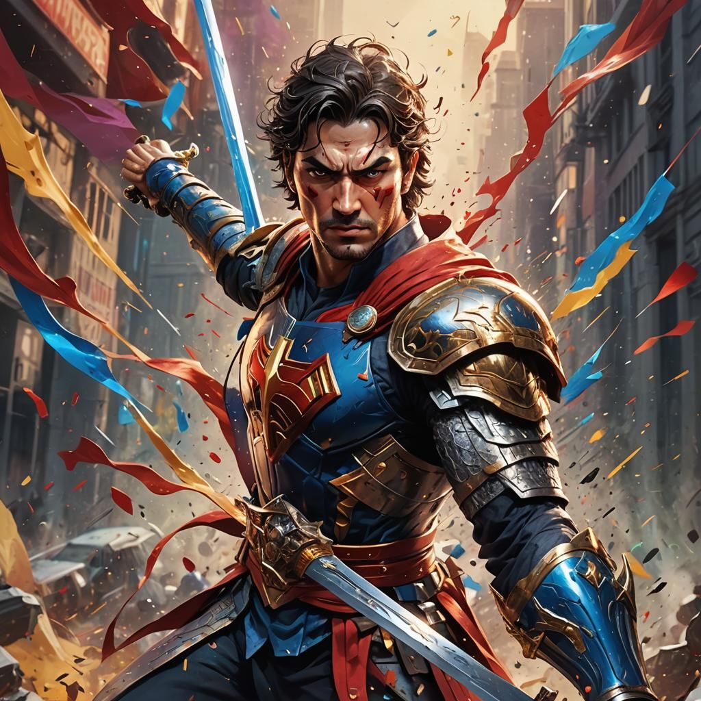 Superhero Sword in Hyperrealistic Splash Art Style