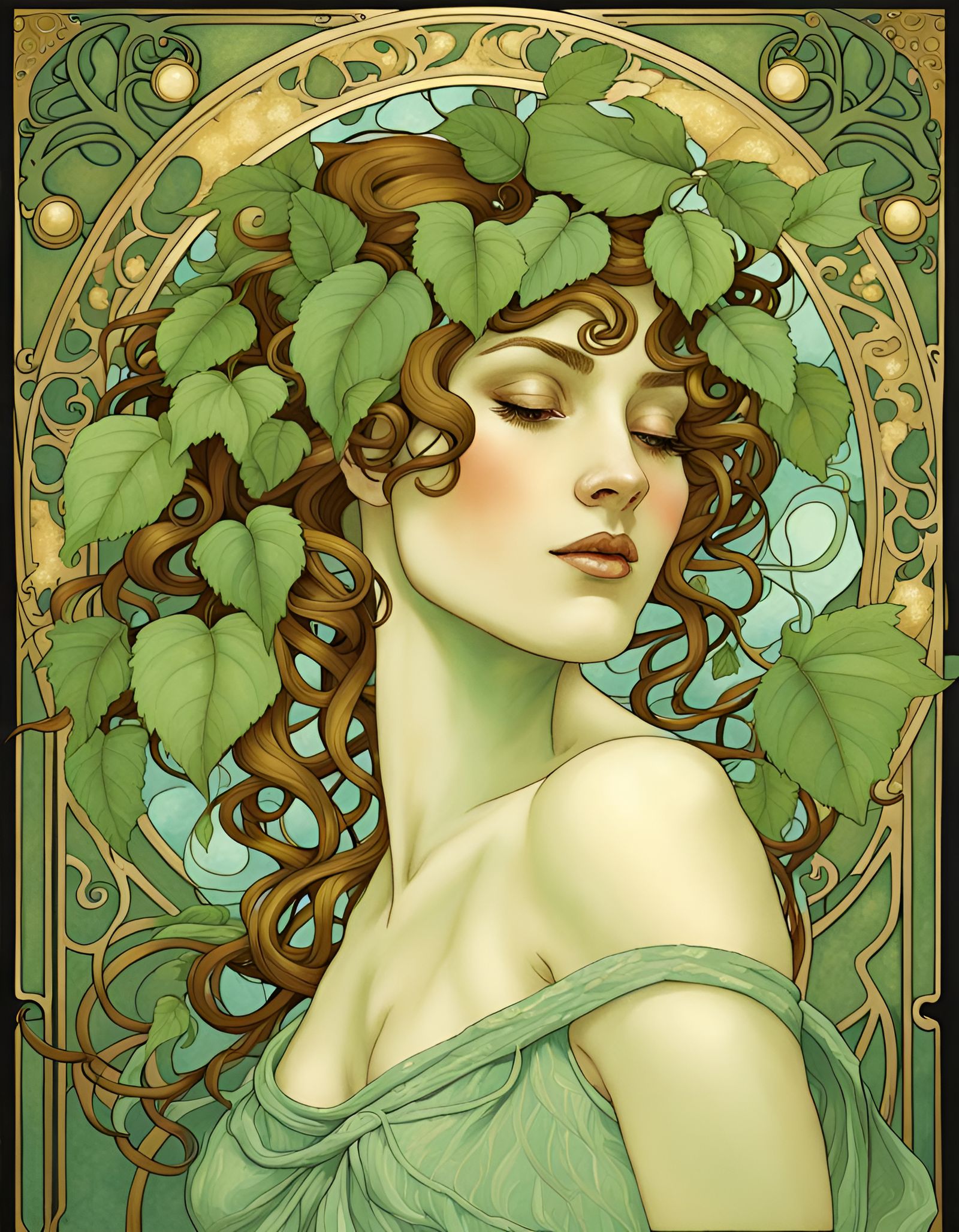 Art Nouveau Nymph with Mint Leaves as Gouache