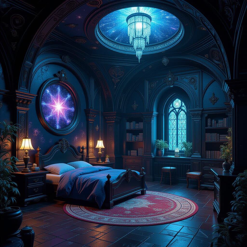 Dark Celestial Room with Fantastical Atmosphere