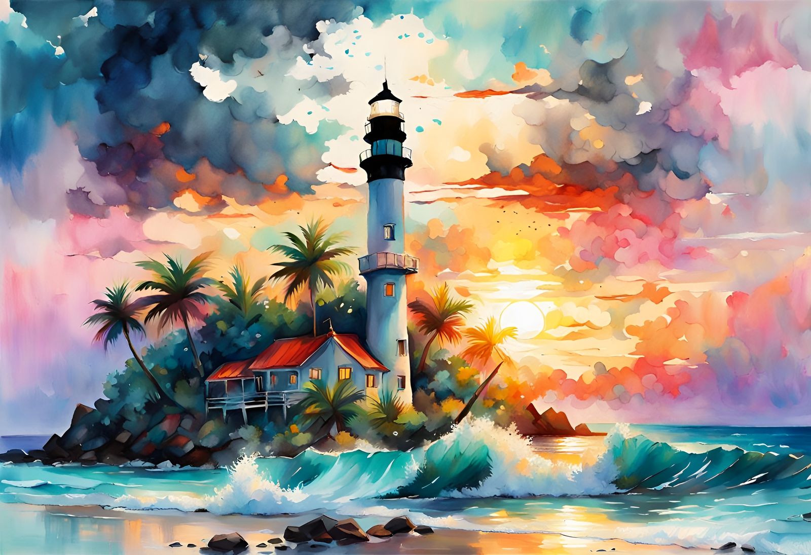 Tropical Lighthouse Sunset in Impressionist Style