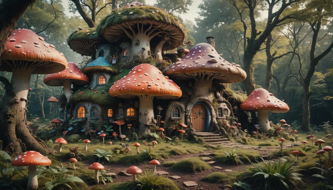 Colorful Mushroom House: Cinematic Film Still