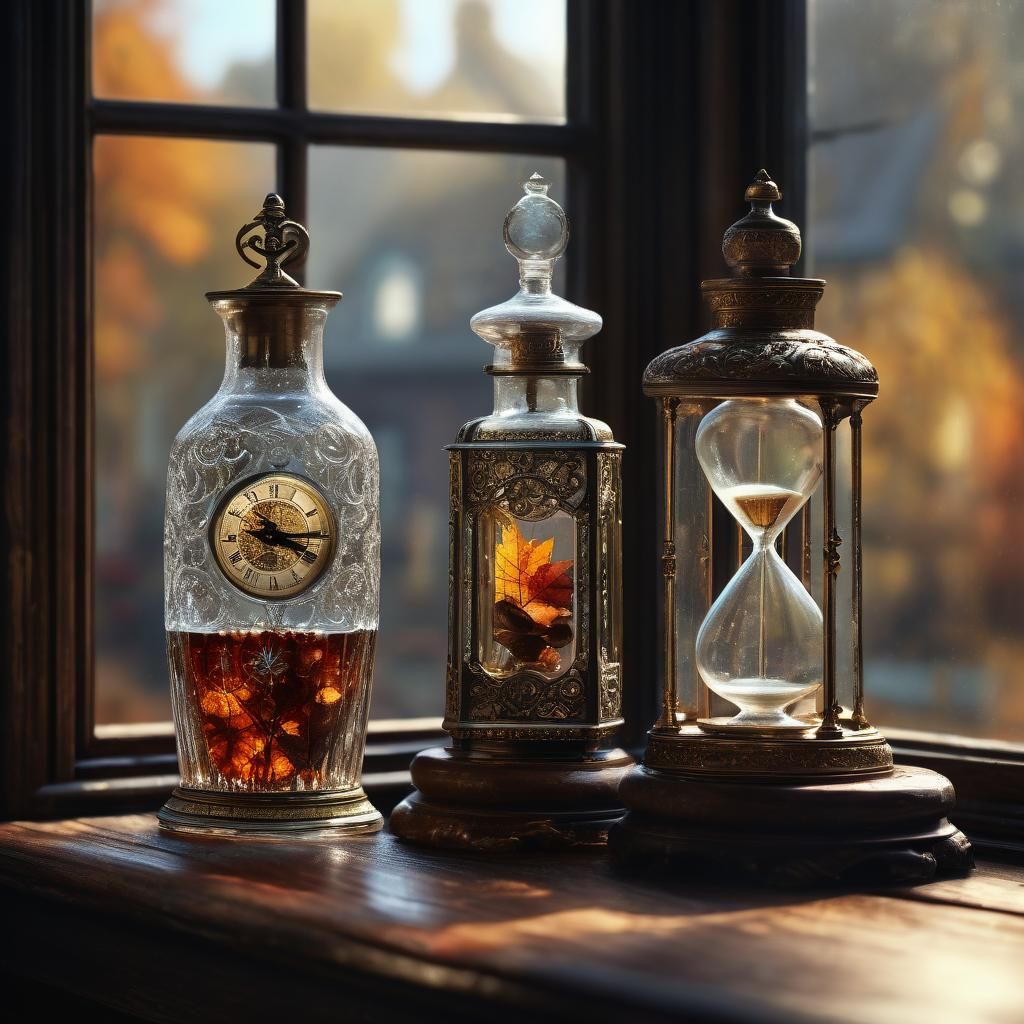 Ornate Clock and Hourglass in Bottles, Digital Portrait