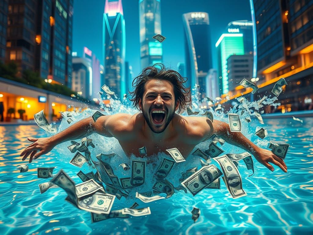 Man Dives into Dollar Bill Tsunami in Vibrant, Surreal Swimm...
