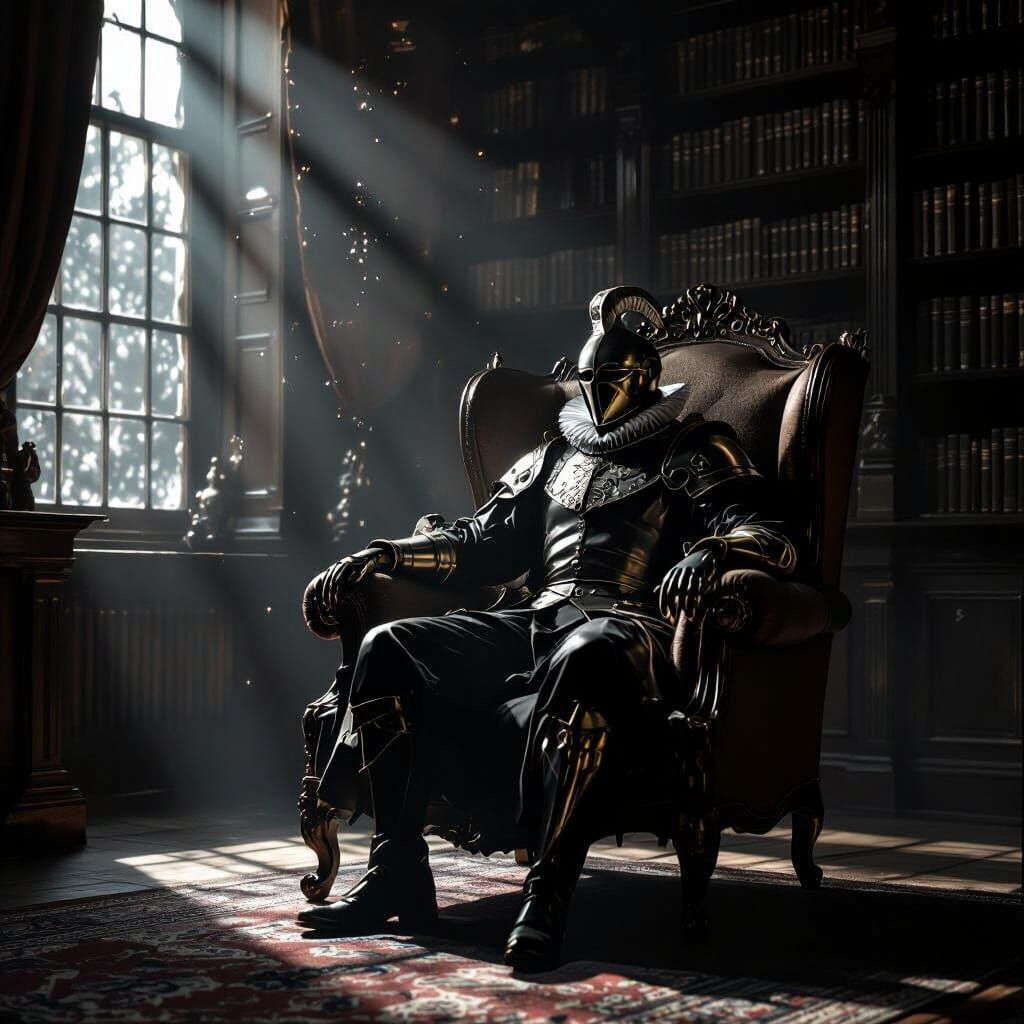 Majestic Knight in Ornate Library, Chiaroscuro Style