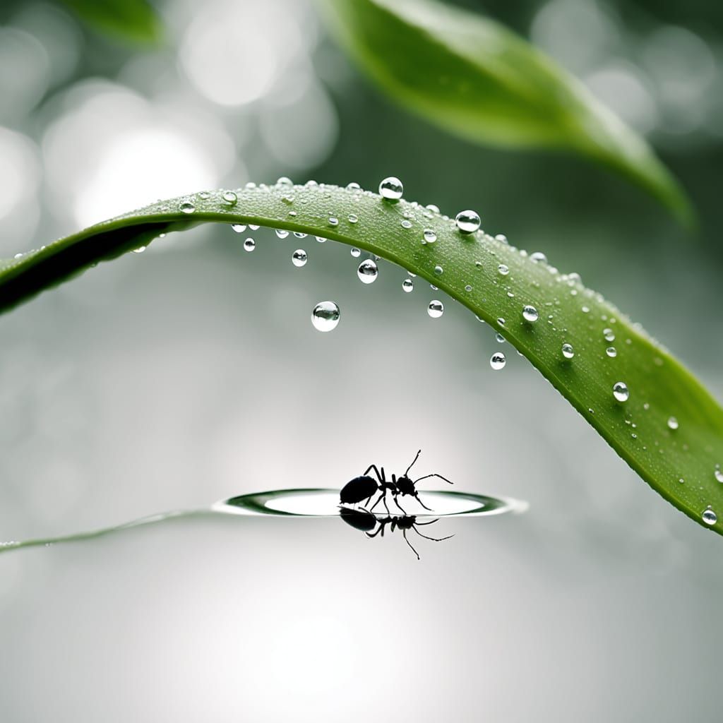 Serene Dewdrop on a Curved Leaf in Monochromatic Harmony