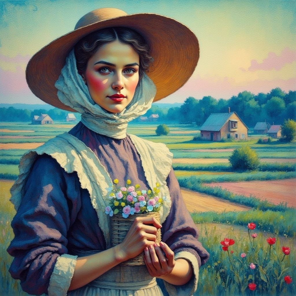 Rustic Farm Woman in Earthy Colors, Impressionist Style