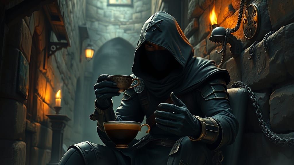 Ninja Assassin Sips Cappuccino in a Moody Alleyway