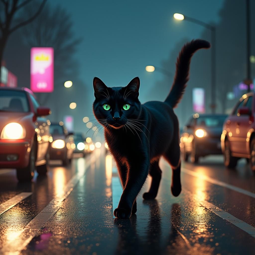 Black Cat Halts Traffic in Cinematic Cityscape