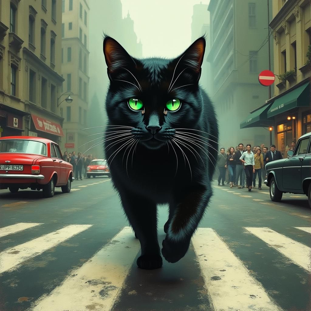 Majestic Black Cat Crosses Chaotic Street