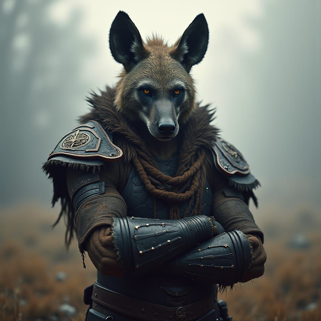 Hyena Warrior in Mist-Shrouded Field, Dark Fantasy Art