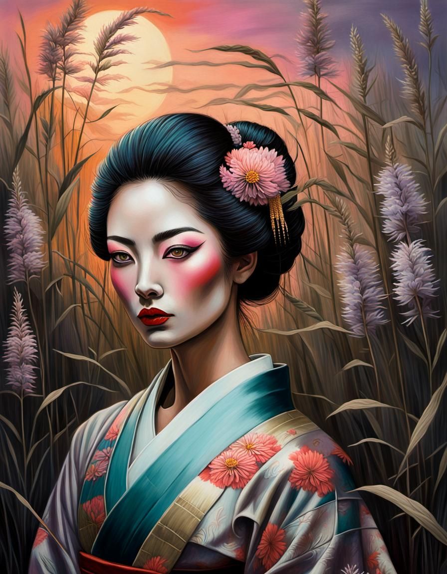 Geisha Portrait with Wildflowers in Tretchikoff Style