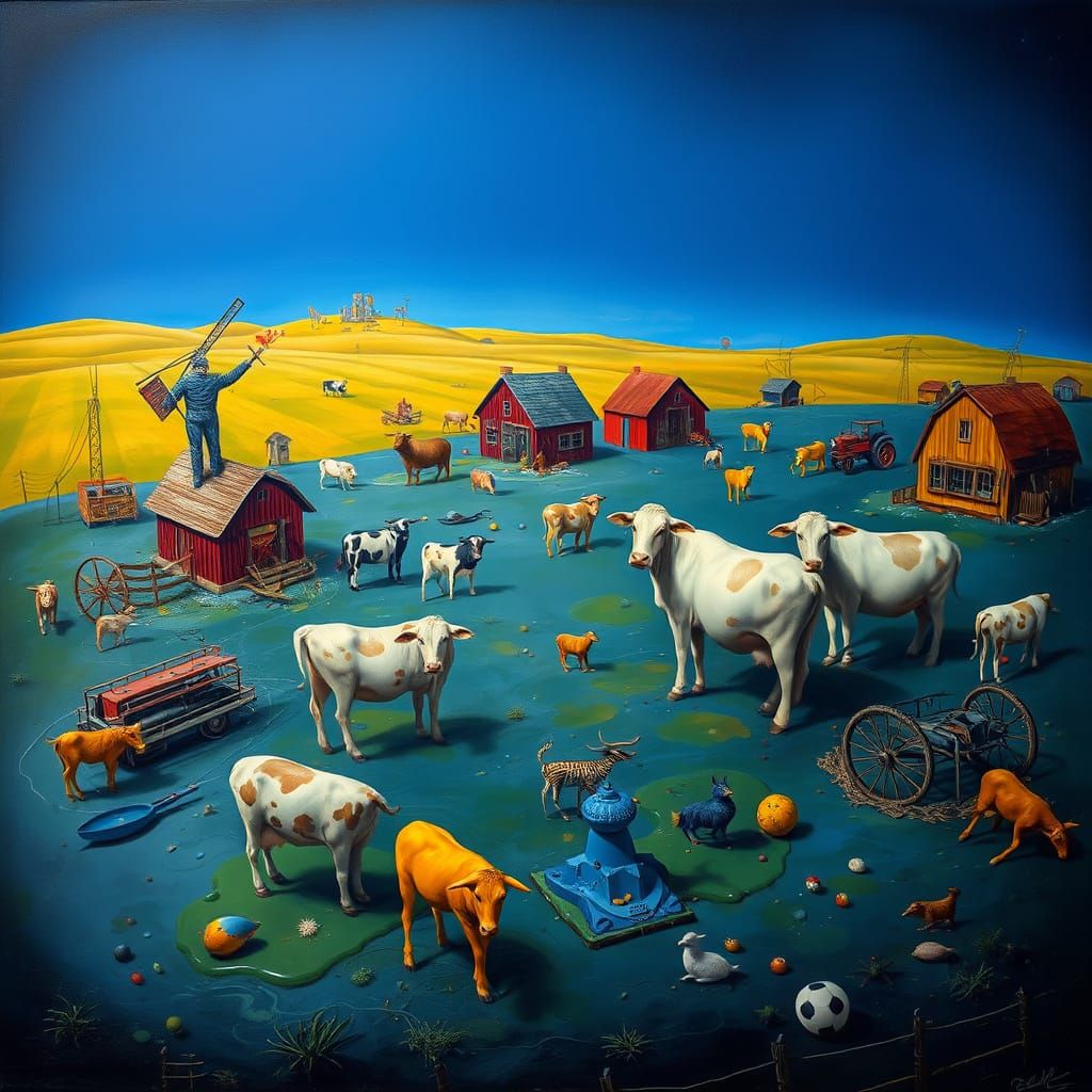 Surreal Farm Animals in Dreamlike Melting Landscape