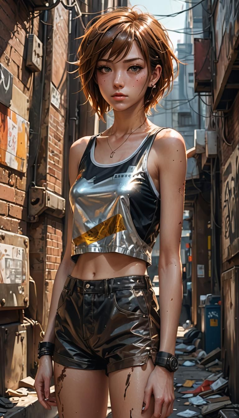 Anime Woman in Neon Alley: Hyperrealistic Digital Art