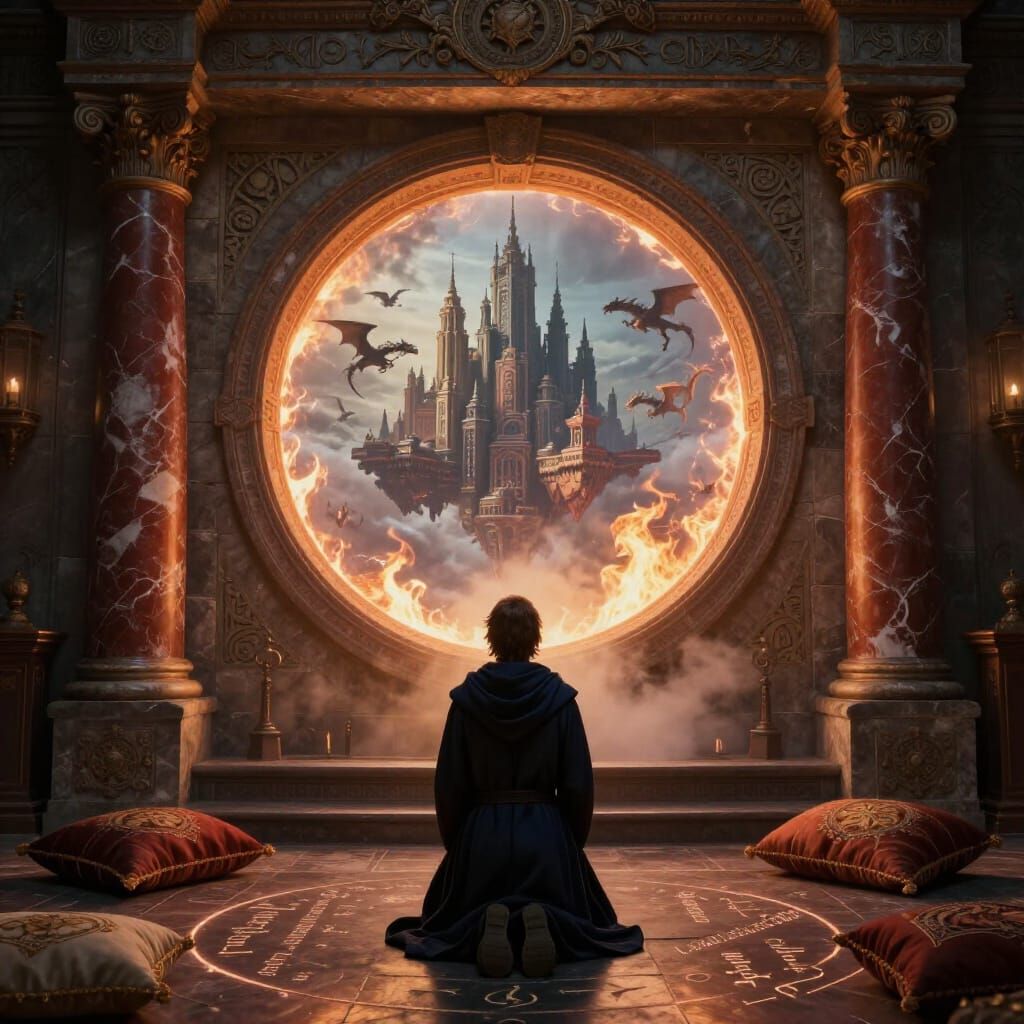 Mystical Portal to a Flying City with Dragons
