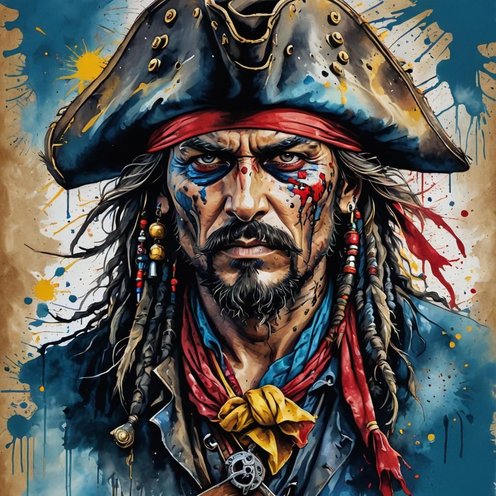 Fierce Pirate Captain Portrait with Ink Splatters