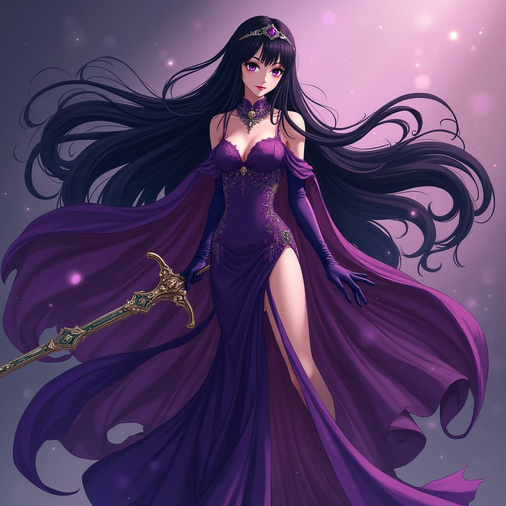 Anime Villainess in Luxurious Purple Gown with Jeweled Sword