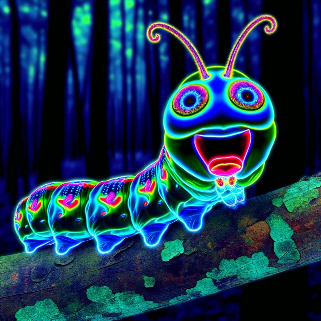Psychedelic Neon Caterpillar in Shadowed Forest