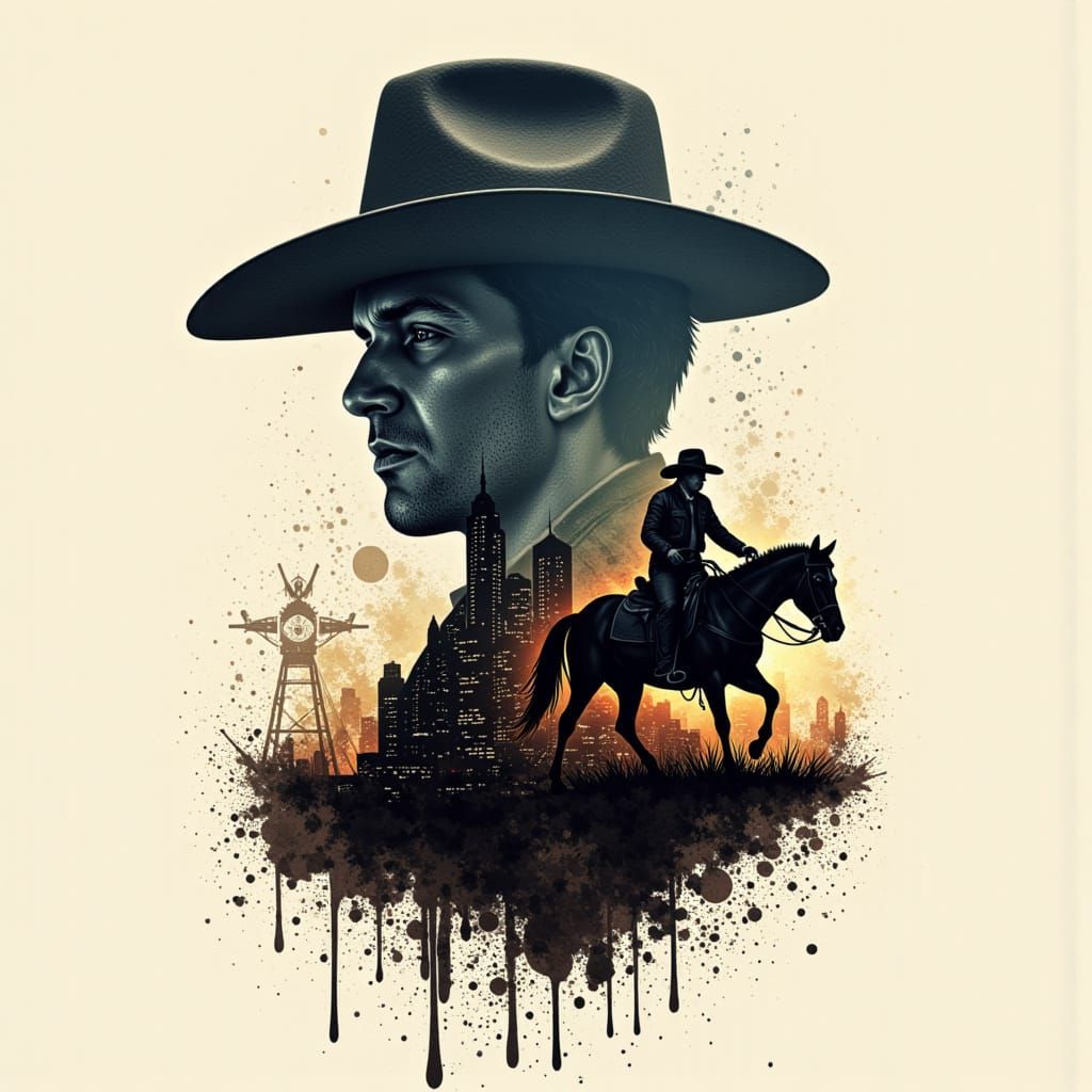 Cowboy and Dallas City Silhouette in Spray Paint Double Expo...