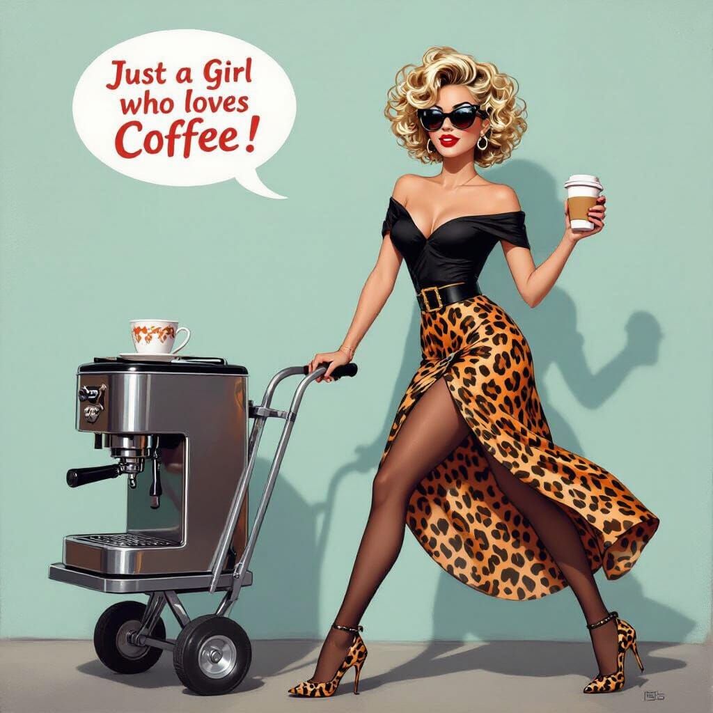 Whimsical Digital Art: Sassy Woman with Coffee Machine