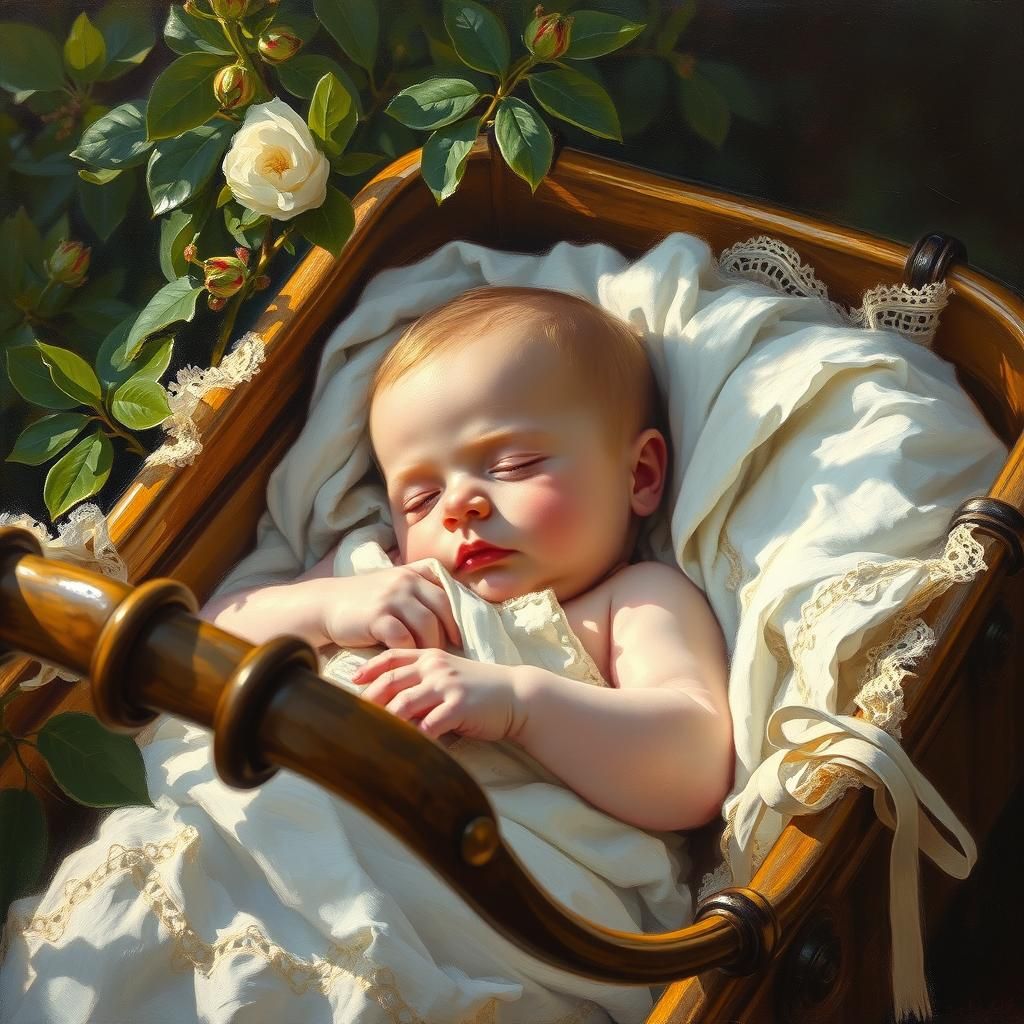 Sleeping Baby in Pram Oil Painting with Soft Light