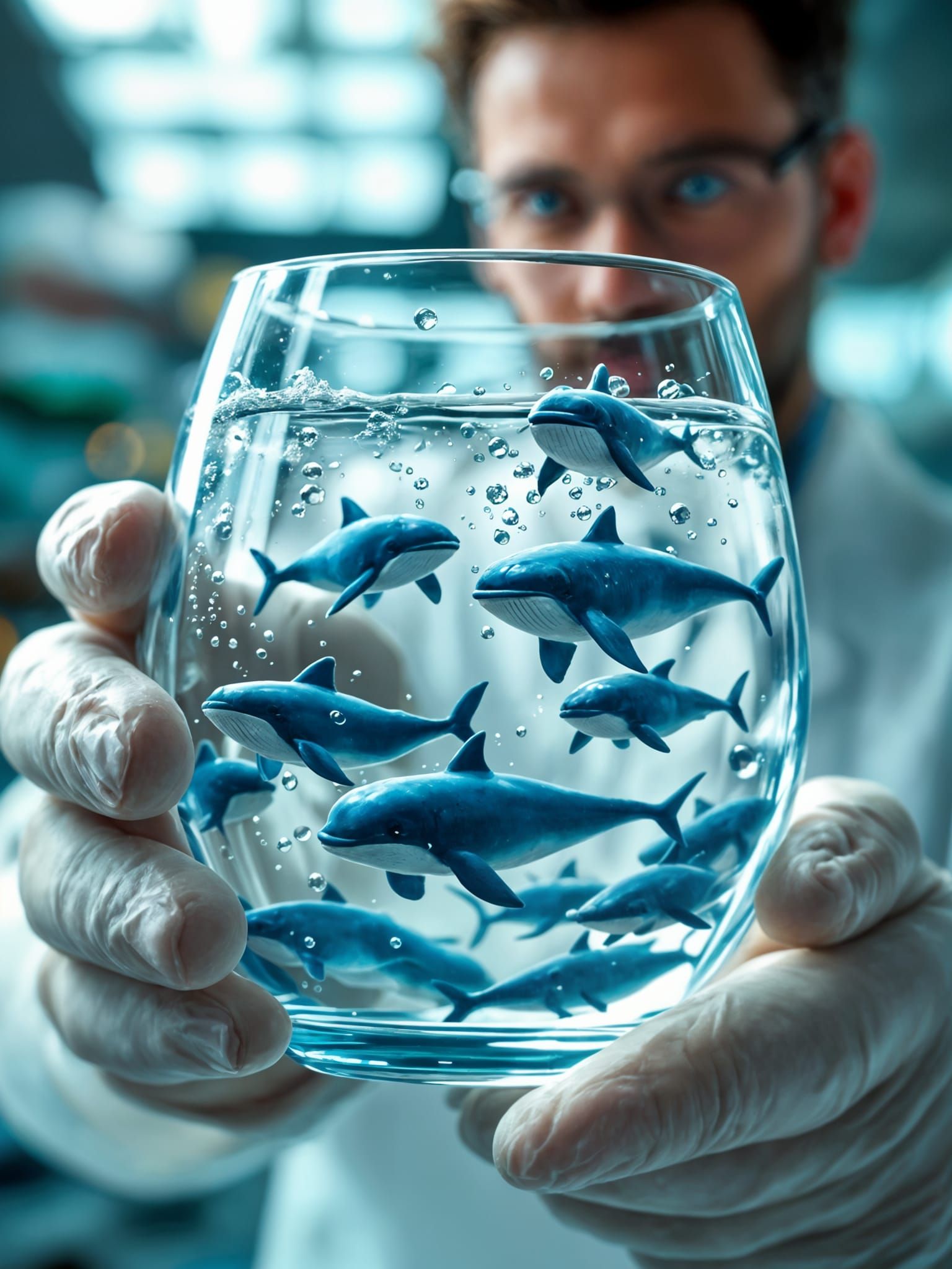Tiny Blue Whales Swim in Glass with Astonished Scientist