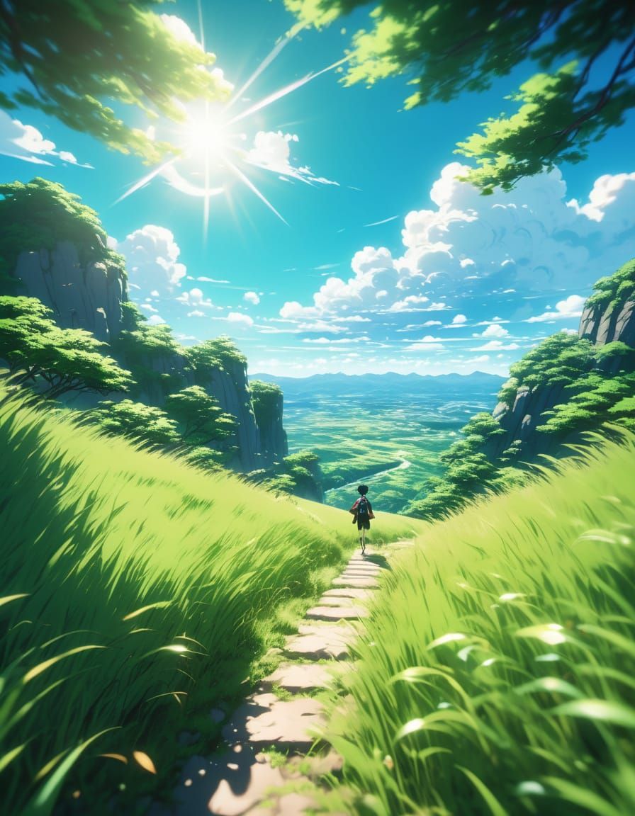 Anime Boy Gliding Through Lush Green Valley