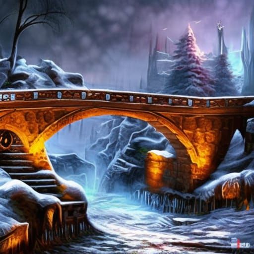 Historic Stone Bridge in Winter, Detailed Digital Art