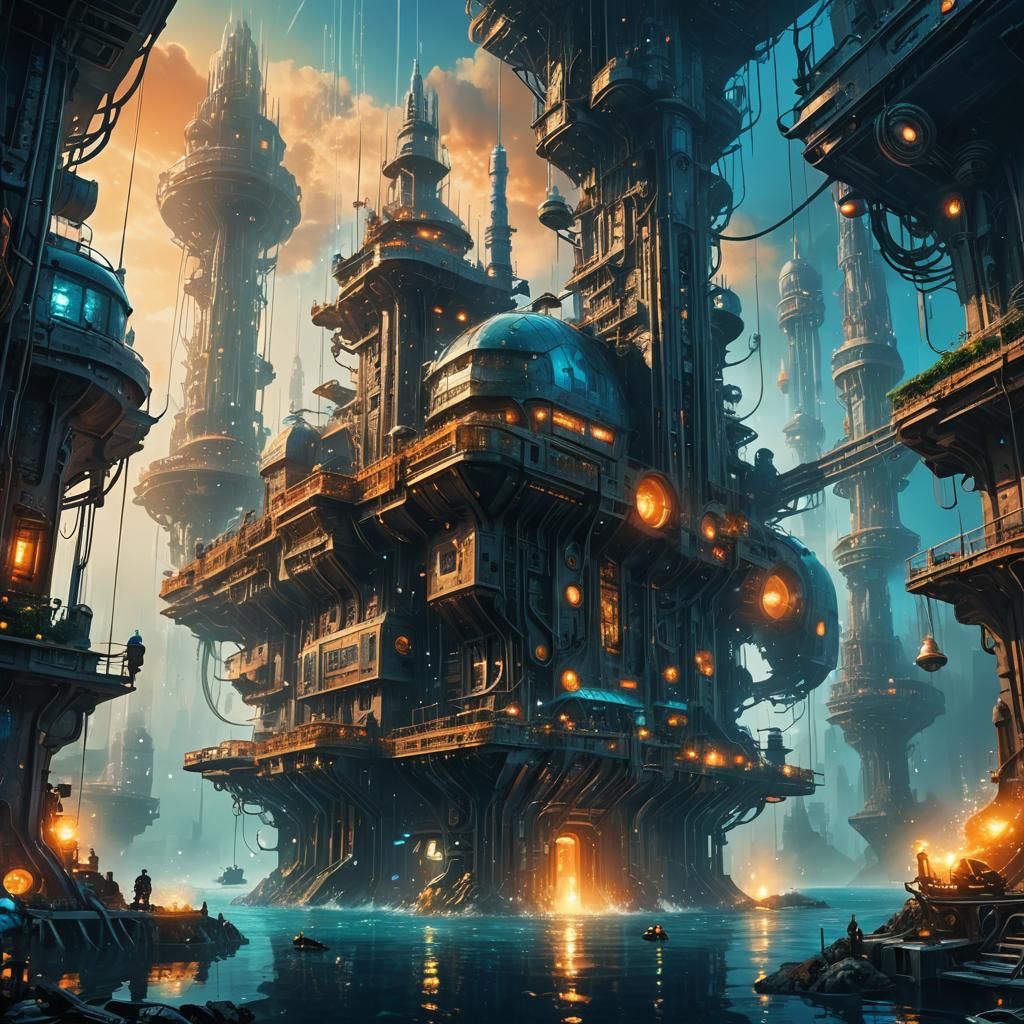 Futuristic Underwater Welder in a Gleaming City