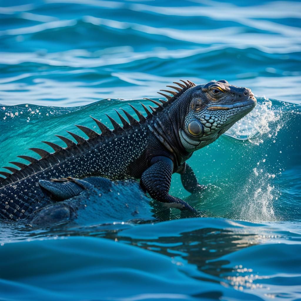 Galapagos Black Iguanas Swimming: Hyperrealistic Photography