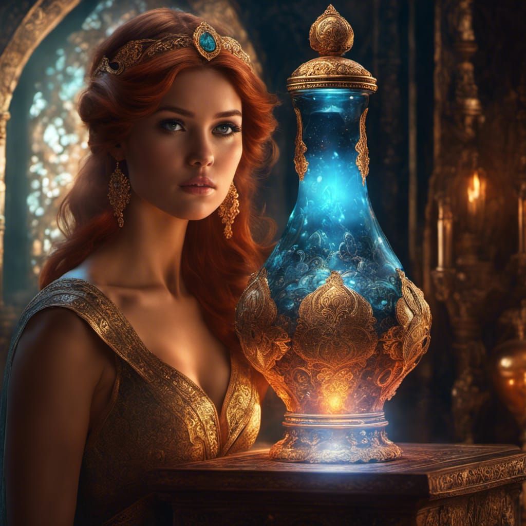 Hyper realistic delicate glowing glass genie in a bottle smo...