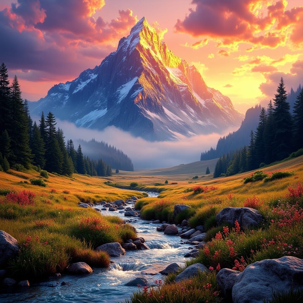 Majestic Mountain Peak at Golden Hour Oil Painting