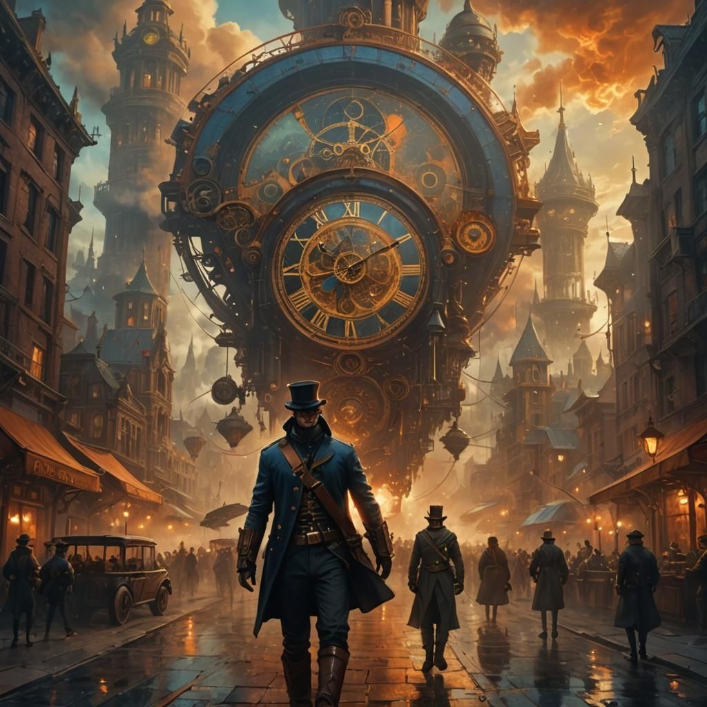 Dystopian Steampunk Cityscape with Clocktower and Airships