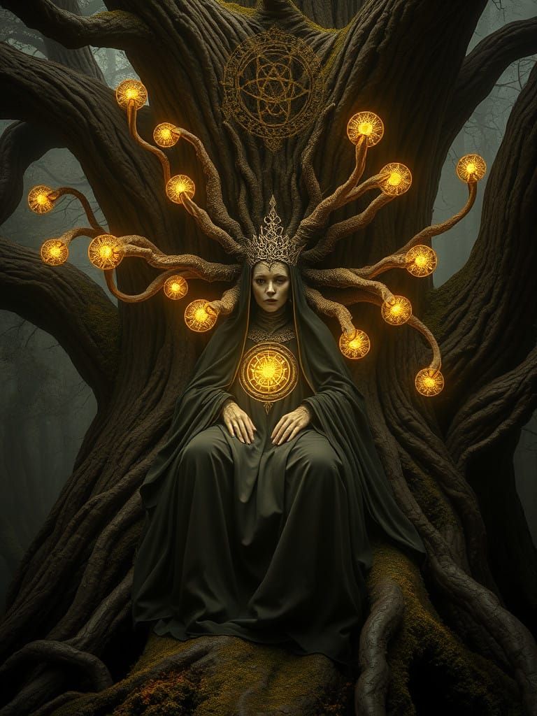 Mystical Hive Queen Embodied in Ancient Tree with Fungal App...
