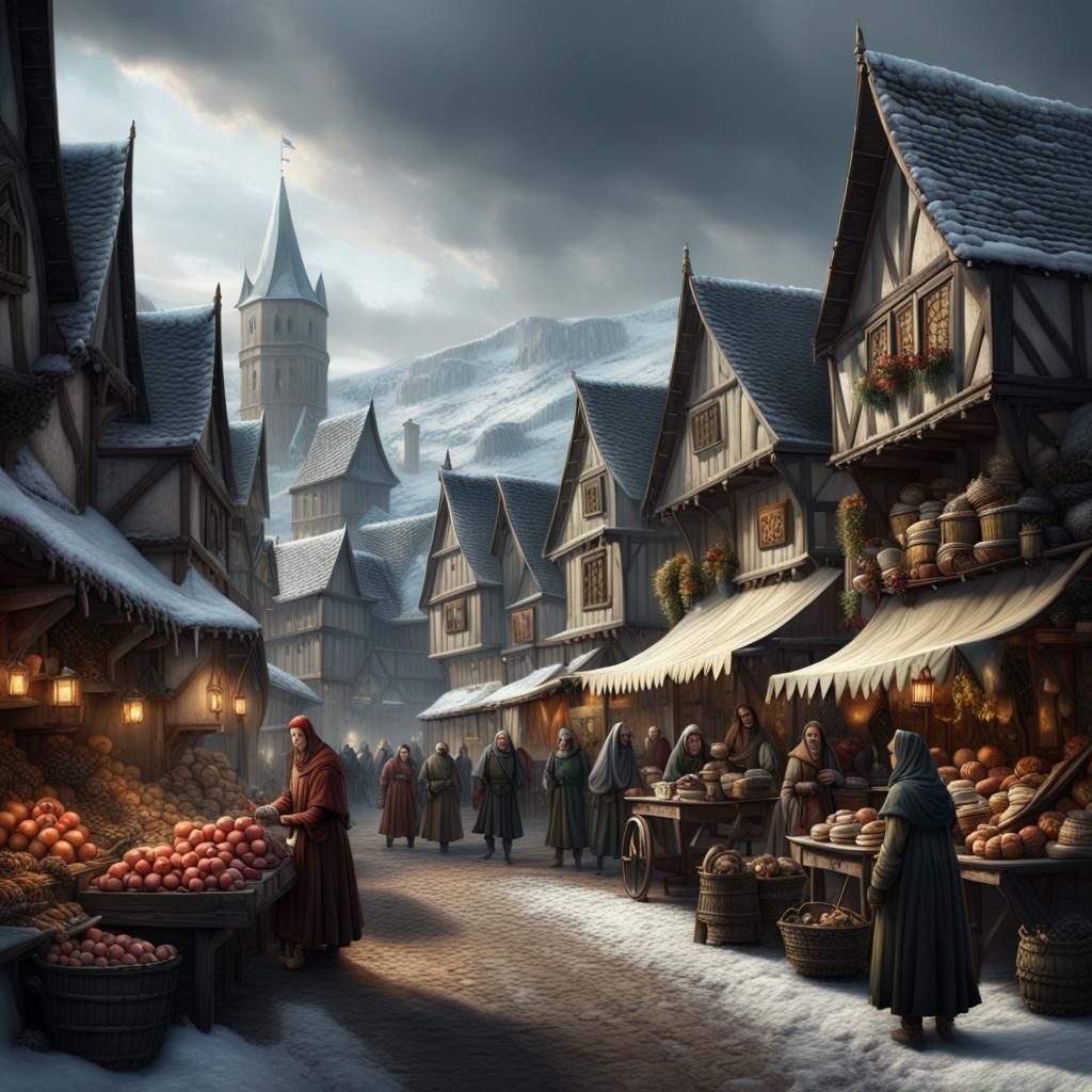 Medieval Winter Village Market: Epic Digital Painting