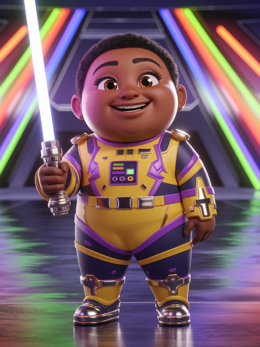 Chubby Black Teen Girl Smiles Brightly in Futuristic Uniform...
