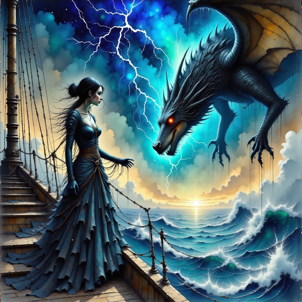 Dark Fantasy Portrait: Airship Captain Challenges Storm Drag...