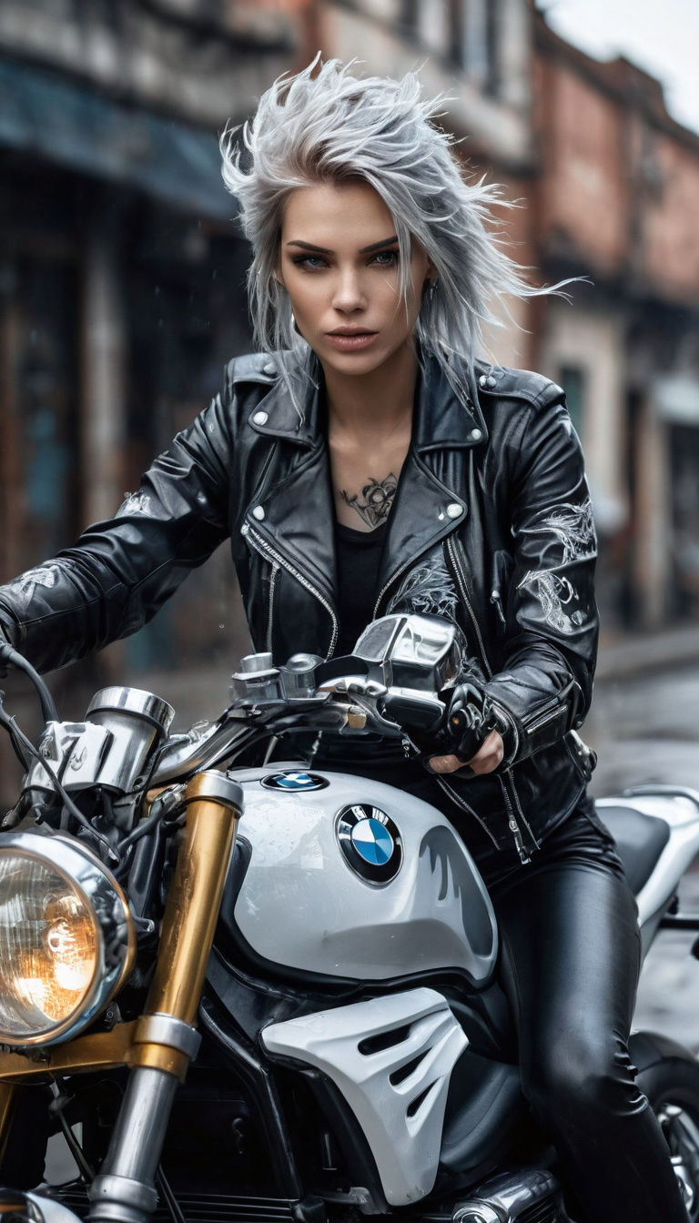 Biker Girl with Dragon Tattoo on BMW Motorcycle