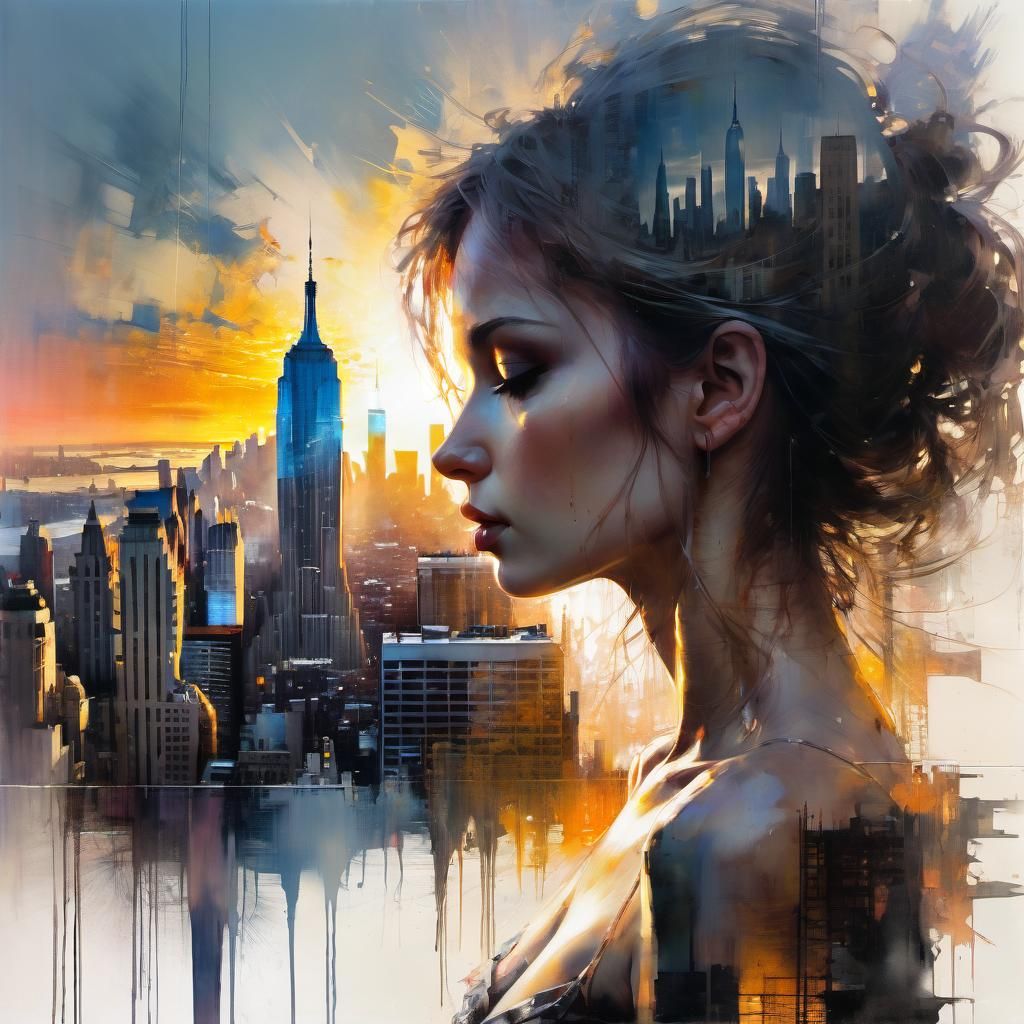 Sunset Silhouette: New York City Double Exposure