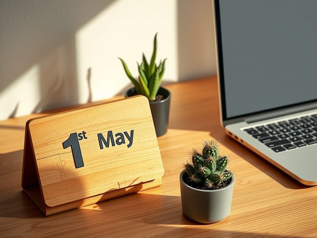 Rustic Still Life with Wooden Calendar, Laptop, and Cactus i...