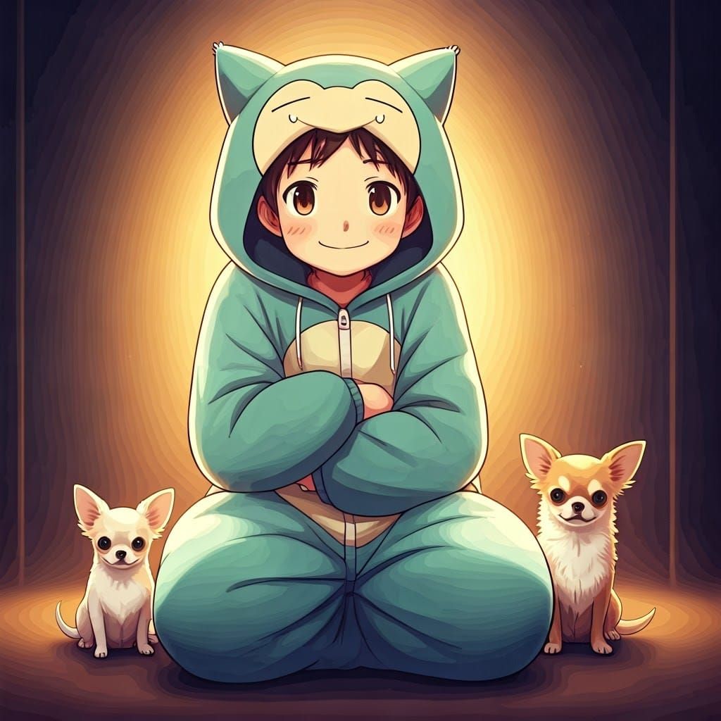 Boy in Snorlax Onesie with Two Chihuahuas