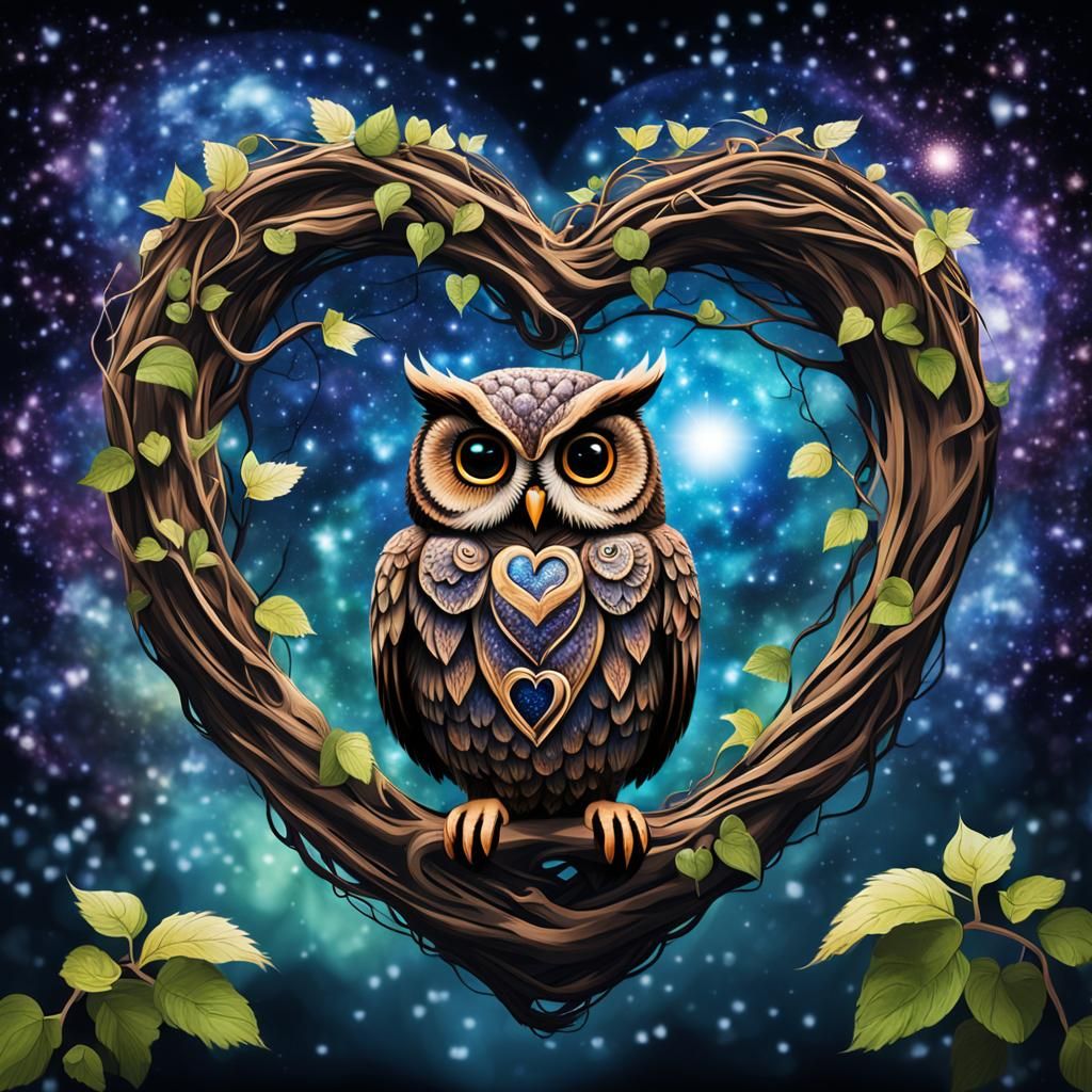Owl with Galaxy Background and Vine Heart