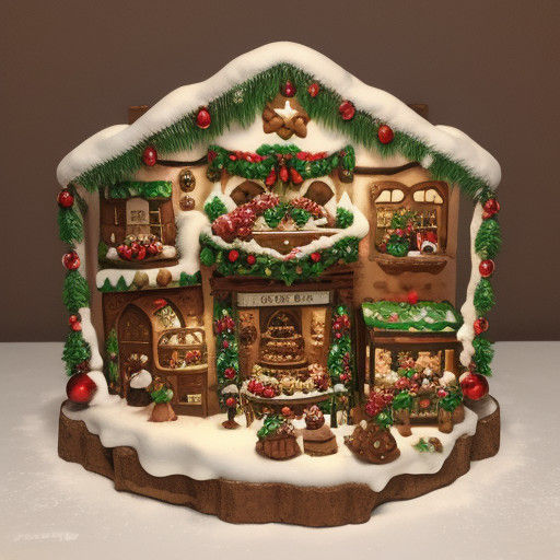Miniature Christmas Village with Gingerbread Figures in Wint...