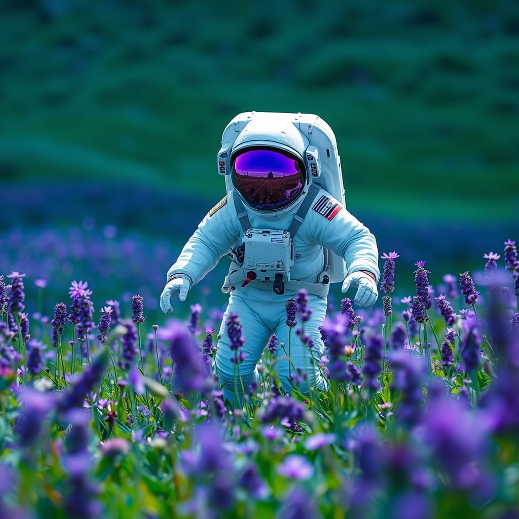 Cosmic Explorer Amidst Vibrant Meadow