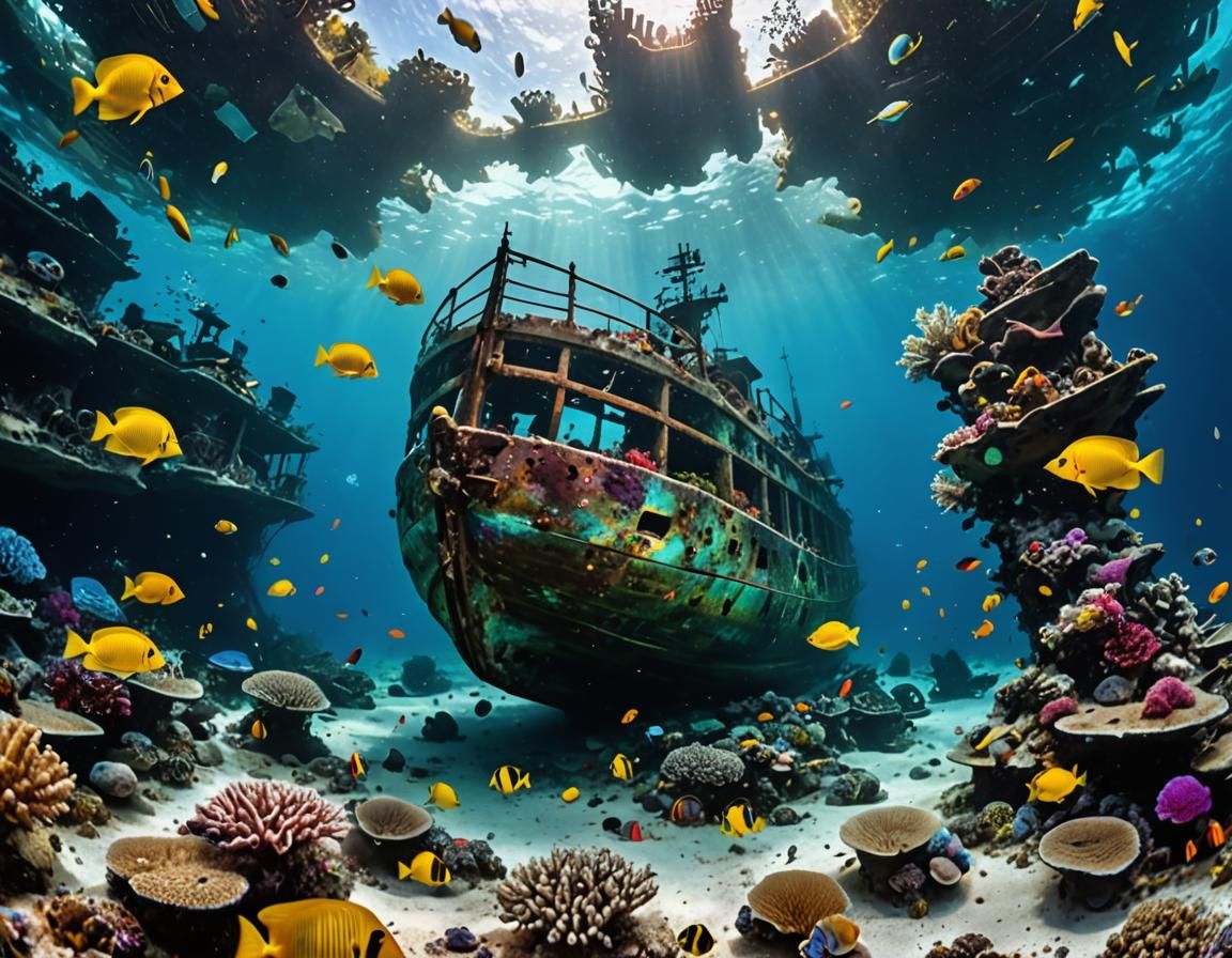 Underwater Shipwreck with Tropical Fish in Fisheye View