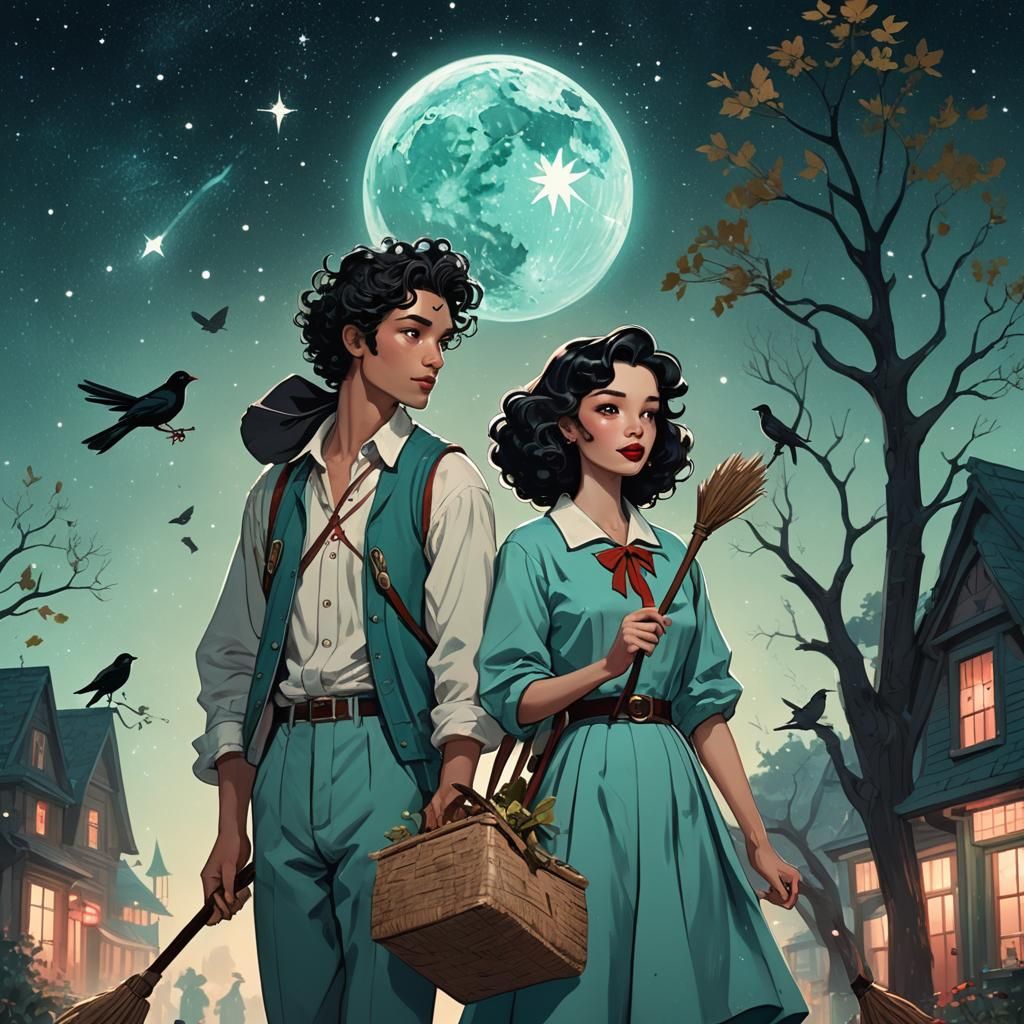 Girl Sweeping Stardust: Anime-Inspired Celestial Folk Art