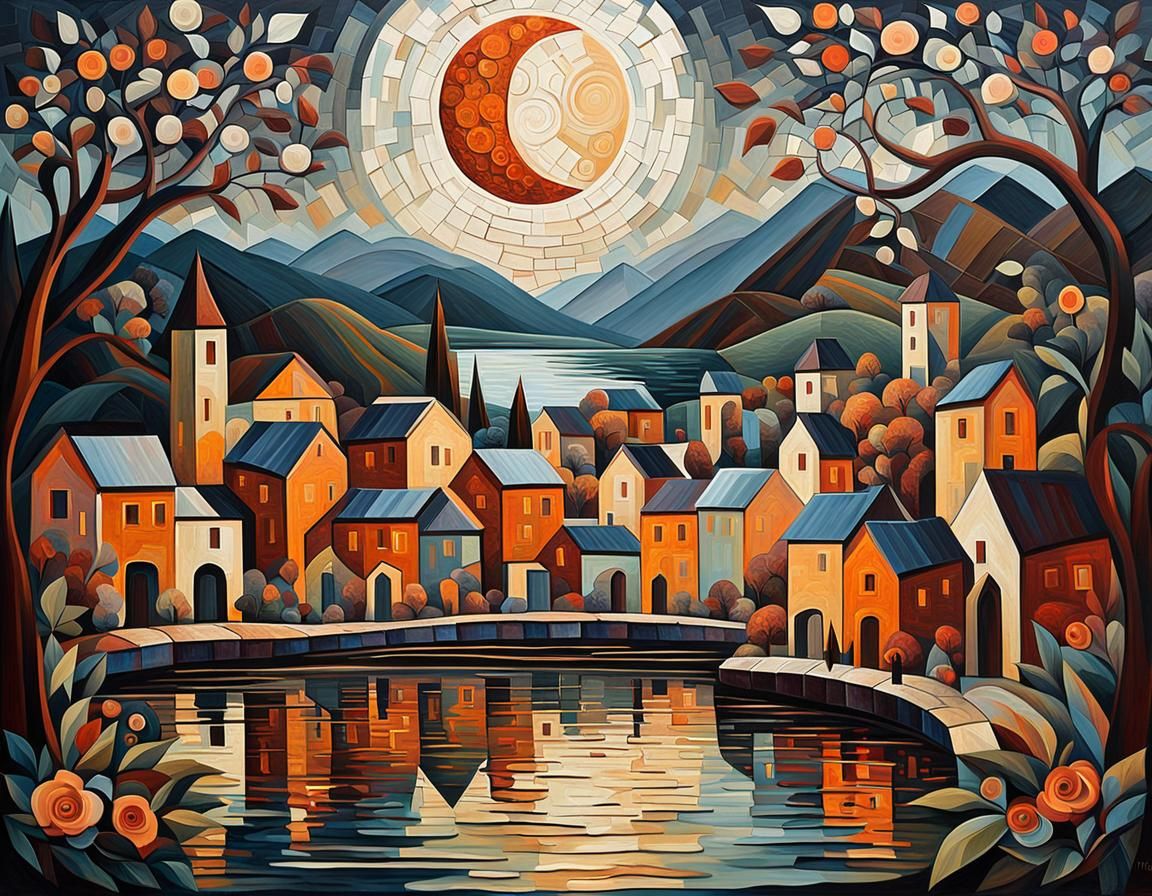 Cubist Moon Rising Over Lakeside Village