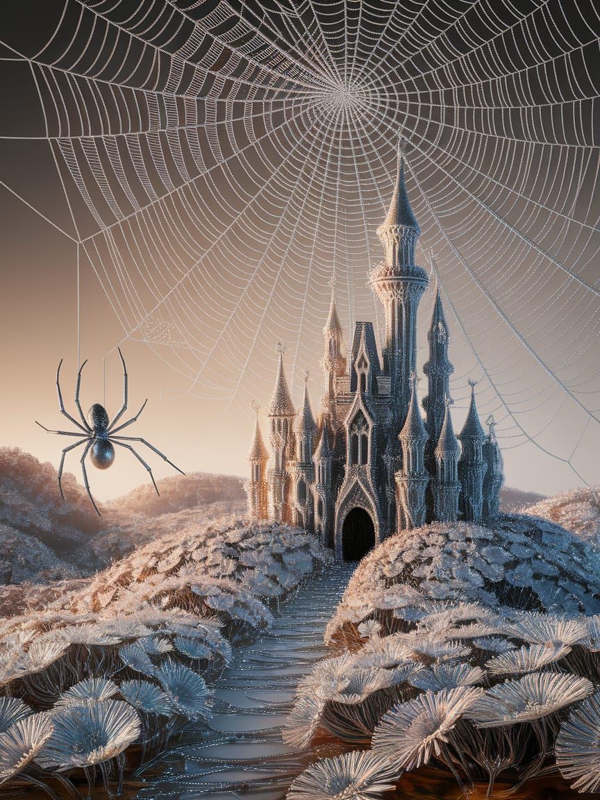 Ethereal Spiderweb Landscape Castle in Silver and Pastel