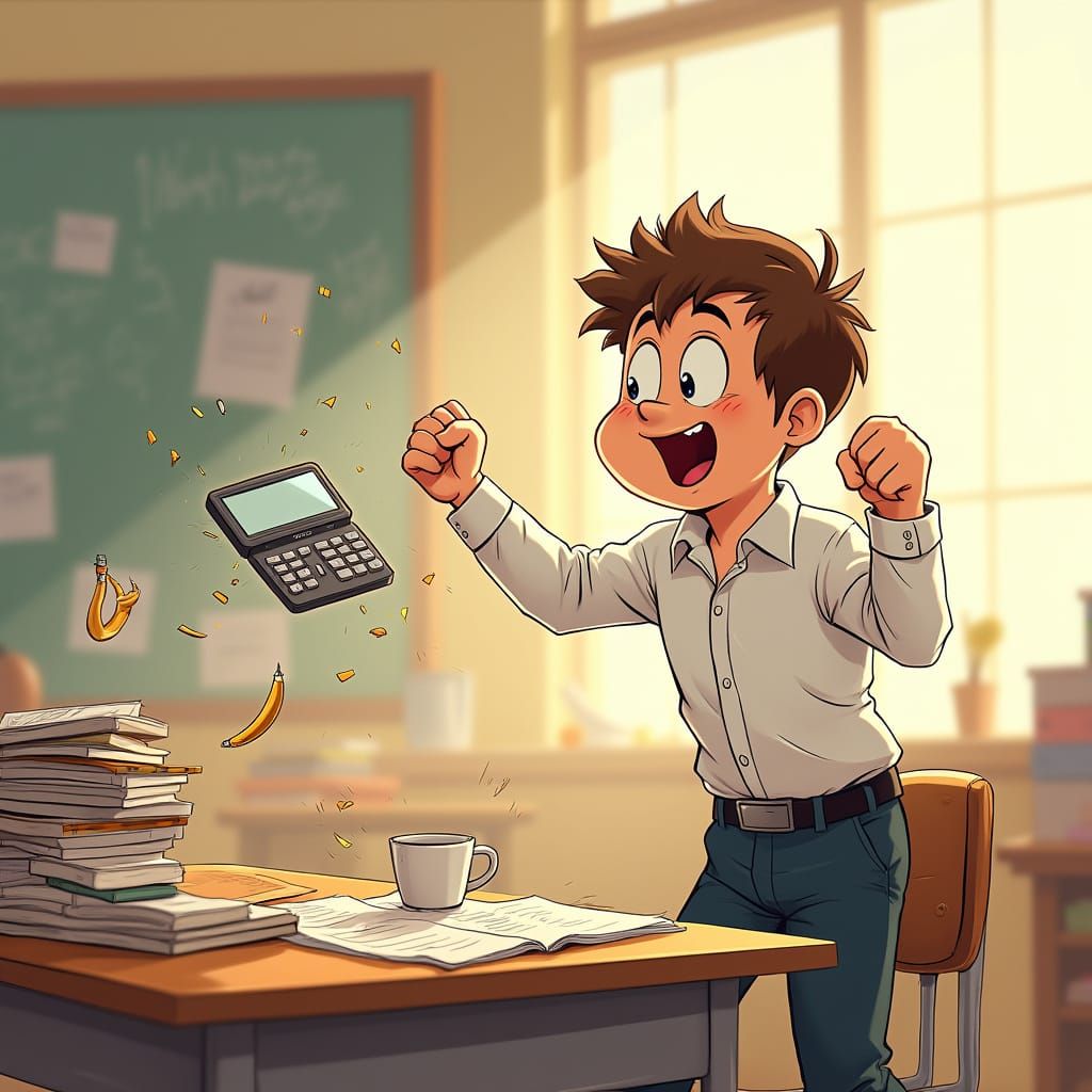 Triumphant Student Smashes Calculator in Joyful Math Victory
