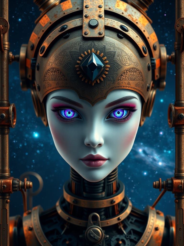 Android Girl with Cosmic Mechanical Background
